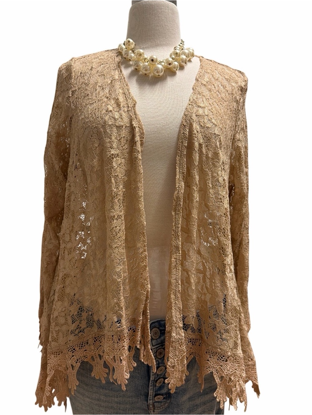 Roaman's Lace Open-Front Shrug in Beige